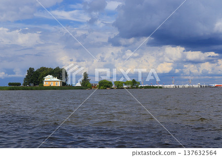 Russia, St. Petersburg, Peterhof, June 8, 2019. Pictured is the Gulf of Finland in the Lower Park of the Peterhof State Museum-Reserve and a view of the pier 137632564