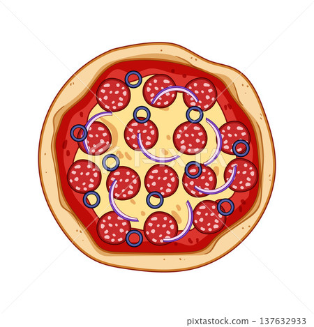 Pepperoni pizza with olives and red onion illustration Pepperoni pizza with olives and red onion illustration 137632933