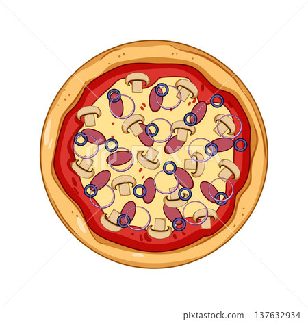 Delicious pizza illustration showing mushrooms pepperoni and onions 137632934