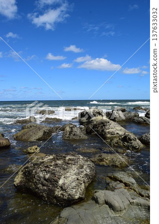 長著奇石的岩石海岸的莊內海岸的岩石景觀 137633032