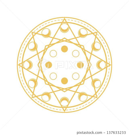 Golden magic circle featuring moon phases and stars Golden magic circle featuring moon phases and stars 137633233