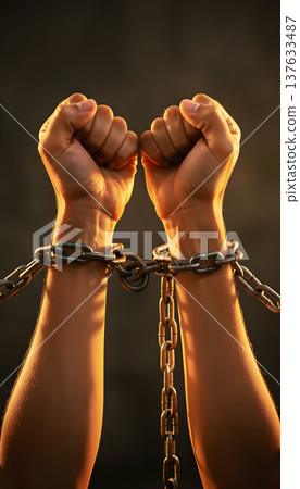 Detail of chained hands breaking the metal chain. Symbol and concept of freedom 137633487
