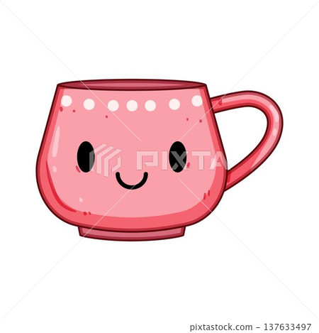 Kawaii pink ceramic mug with happy smiling face Kawaii pink ceramic mug with happy smiling face 137633497