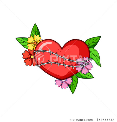 Heart wrapped with barbed wire and flowers, symbolizing pain and resilience Heart wrapped with barbed wire and flowers, symbolizing pain and resilience 137633732