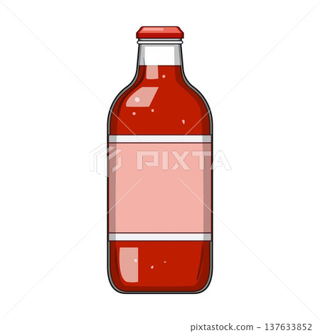 Glass bottle containing red liquid beverage with label Glass bottle containing red liquid beverage with label 137633852