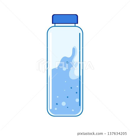 Reusable water bottle with blue cap holding fresh water 137634205