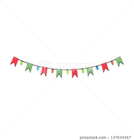 Christmas garland displaying colorful flags and string lights Christmas garland displaying colorful flags and string lights 137634367