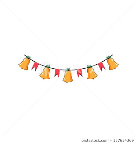 Christmas garland with golden bells and red flags Christmas garland with golden bells and red flags 137634369
