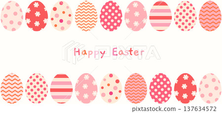 Easter Eggs Horizontal Vector Background with Copy Space, Cute Red and Pink Banner with Painted Eggs with Different Patterns 137634572
