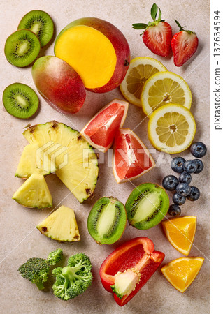 various fresh raw fruits and vegetables various fresh raw fruits and vegetables 137634594
