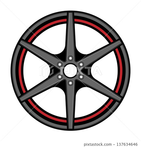 Modern alloy wheel showcasing gray spokes and red accent details Modern alloy wheel showcasing gray spokes and red accent details 137634646