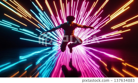 A man joyfully leaps into the air, surrounded by vibrant, colorful lights illuminating the night sky. A man joyfully leaps into the air, surrounded by vibrant, colorful lights illuminating the night sky. 137634883