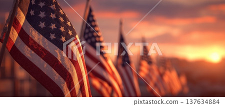 A Majestic Display of American Flags Bathed in Golden Sunset Light, Symbolizing Freedom and Patriotism A Majestic Display of American Flags Bathed in Golden Sunset Light, Symbolizing Freedom and Patriotism 137634884