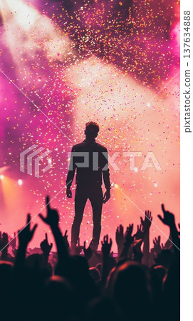 Enthusiastic man engaging a lively crowd at an outdoor concert, creating a vibrant atmosphere of music and joy. 137634888