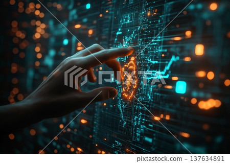 Hand Gently Touching a Digital Screen Illuminated by Bright Glowing Lights and Futuristic Graphics Hand Gently Touching a Digital Screen Illuminated by Bright Glowing Lights and Futuristic Graphics 137634891