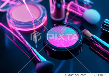 A Vibrant Array of Makeup Products Spread Across a Stylish Table in an Elegant Setting 137634896