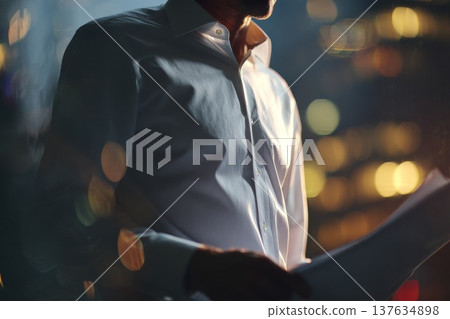 Man in a white shirt holding a piece of paper, deep in thought, contemplating important information in an urban setting. 137634898
