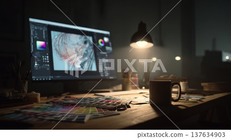 A modern desk setup featuring a computer, a stylish mug, and organized stationery for an inspiring workspace. 137634903