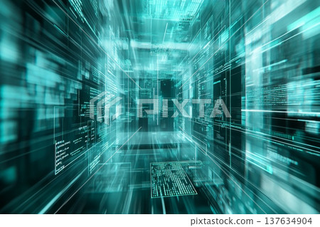 A high tech computer room filled with numerous computers, vibrant lights, and an atmosphere of innovation and productivity. 137634904