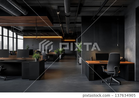 Sleek and Modern Office Space Featuring a Minimalist Desk, Comfortable Chairs, and Ample Natural Light 137634905