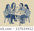 Four young women sitting at table in cafe and talking. Vector isolated illustration in blue color 137634912
