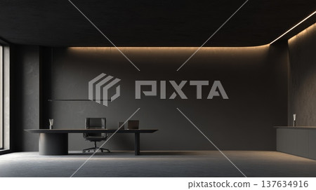 A dimly lit office space featuring a desk, a large window, and shadows creating a mysterious atmosphere. A dimly lit office space featuring a desk, a large window, and shadows creating a mysterious atmosphere. 137634916