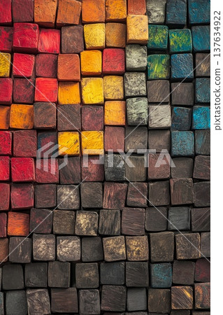 A colorful assortment of wooden blocks stacked playfully, ideal for educational games and creative activities. A colorful assortment of wooden blocks stacked playfully, ideal for educational games and creative activities. 137634922