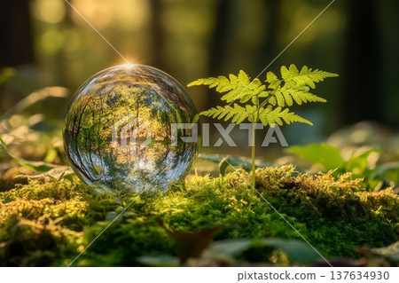 Captivating Glass Orb Encasing a Lush Green Fern, Perfect for Nature and Art Enthusiasts 137634930
