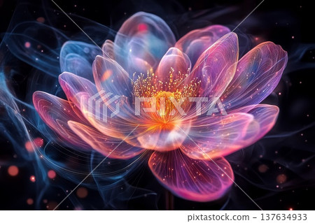Ethereal Flower with a Vibrant Purple Center Enveloped in Mysterious, Wispy Smoke on a Dark Background Ethereal Flower with a Vibrant Purple Center Enveloped in Mysterious, Wispy Smoke on a Dark Background 137634933