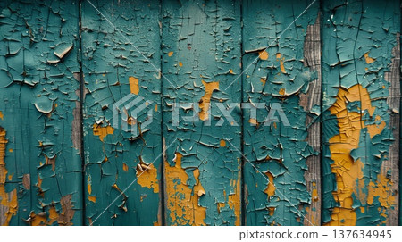 Close up of a weathered green wooden wall with peeling paint revealing the rustic texture underneath. 137634945