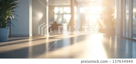 Lush Green Potted Plant Gracefully Adorning a Serene Hallway with Soft Natural Light Streaming In 137634949