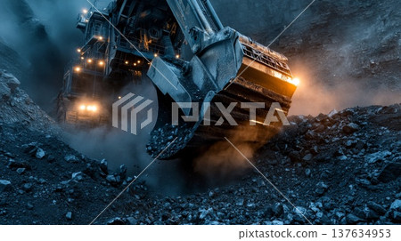 Powerful Bulldozer Navigating Through a Massive Pile of Rocks Under a Bright Blue Sky Powerful Bulldozer Navigating Through a Massive Pile of Rocks Under a Bright Blue Sky 137634953