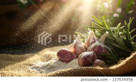 Aromatic Garlic and Fresh Rosemary Sprinkled with Sea Salt on a Rustic Sack Background Aromatic Garlic and Fresh Rosemary Sprinkled with Sea Salt on a Rustic Sack Background 137634956