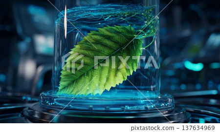 Fresh Green Leaf Captured in a Clear Glass Jar Sitting Beautifully on a Wooden Table Fresh Green Leaf Captured in a Clear Glass Jar Sitting Beautifully on a Wooden Table 137634969