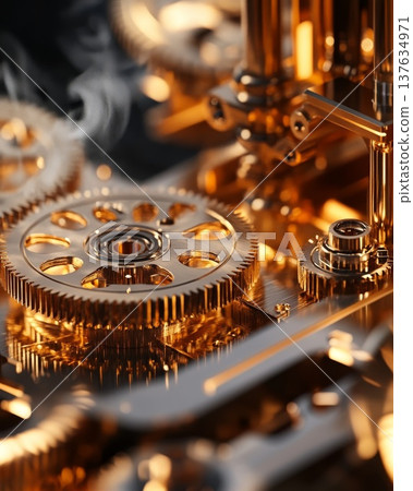 Intricate Clock Mechanism Close Up Featuring Gears and Clock Hands in a Well Lit Environment 137634971