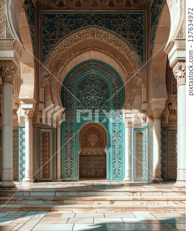 Beautifully Ornate Historical Building Showcasing a Vibrant Blue Door Against a Clear Sky Background Beautifully Ornate Historical Building Showcasing a Vibrant Blue Door Against a Clear Sky Background 137634972