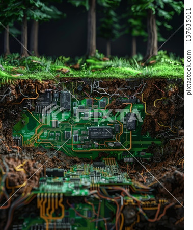 A Futuristic Computer Circuit Board Emerging from Nature s Embrace Beneath a Canopy of Lush Green Trees 137635011