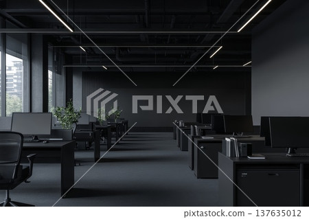 A Dimly Lit Office Space Filled with Rows of Desks, Computers, and Office Supplies for Busy Professionals A Dimly Lit Office Space Filled with Rows of Desks, Computers, and Office Supplies for Busy Professionals 137635012