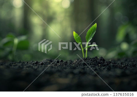 Small Green Plant Emerging from Dark Soil, Symbolizing Growth and Renewal in a Natural Setting 137635016