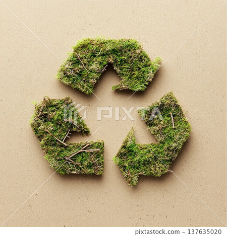 Lush green moss forms a vibrant recycle symbol, showcasing nature s beauty and sustainability in a serene environment. 137635020