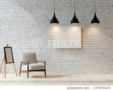 Cozy room featuring a simple chair next to a blank poster waiting for creative inspiration and ideas. 137635024