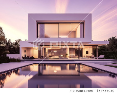 Elegant Modern House with a Pool Bathed in the Warm Glow of a Stunning Sunset Elegant Modern House with a Pool Bathed in the Warm Glow of a Stunning Sunset 137635030