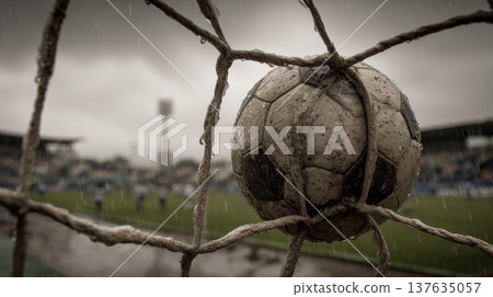 A soccer ball caught in a net during a heavy rainstorm, showcasing the intensity of the weather. A soccer ball caught in a net during a heavy rainstorm, showcasing the intensity of the weather. 137635057