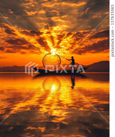 Serene man in a boat casting a net on the tranquil waters of a picturesque lake at sunset. Serene man in a boat casting a net on the tranquil waters of a picturesque lake at sunset. 137635065