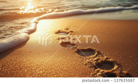 Tranquil Beach Scene with Serene Footprints Leading into the Gentle Waves Under a Radiant Sunset Tranquil Beach Scene with Serene Footprints Leading into the Gentle Waves Under a Radiant Sunset 137635087