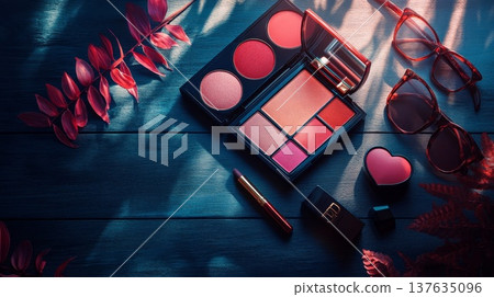 Vibrant makeup palette with colorful eyeshadows displayed artistically on a rustic wooden table background. Vibrant makeup palette with colorful eyeshadows displayed artistically on a rustic wooden table background. 137635096