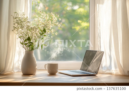 A Cozy Workspace Featuring a Laptop, Fresh Coffee, and a Tasteful Desk Arrangement for Productivity A Cozy Workspace Featuring a Laptop, Fresh Coffee, and a Tasteful Desk Arrangement for Productivity 137635100