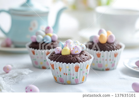Elegant Afternoon Tea Setup with Colorful Cupcakes and a Charming Teapot on a Rustic Wooden Table 137635101
