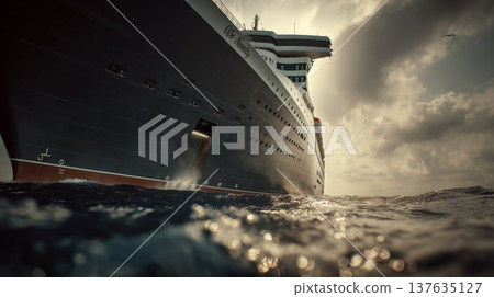 Majestic cruise ship sailing on the open ocean under a clear blue sky with sunlit waves. Majestic cruise ship sailing on the open ocean under a clear blue sky with sunlit waves. 137635127