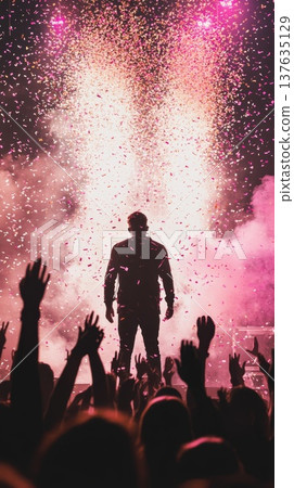 Inspiring speaker motivating an enthusiastic crowd with hands raised in excitement during a vibrant outdoor event. 137635129
